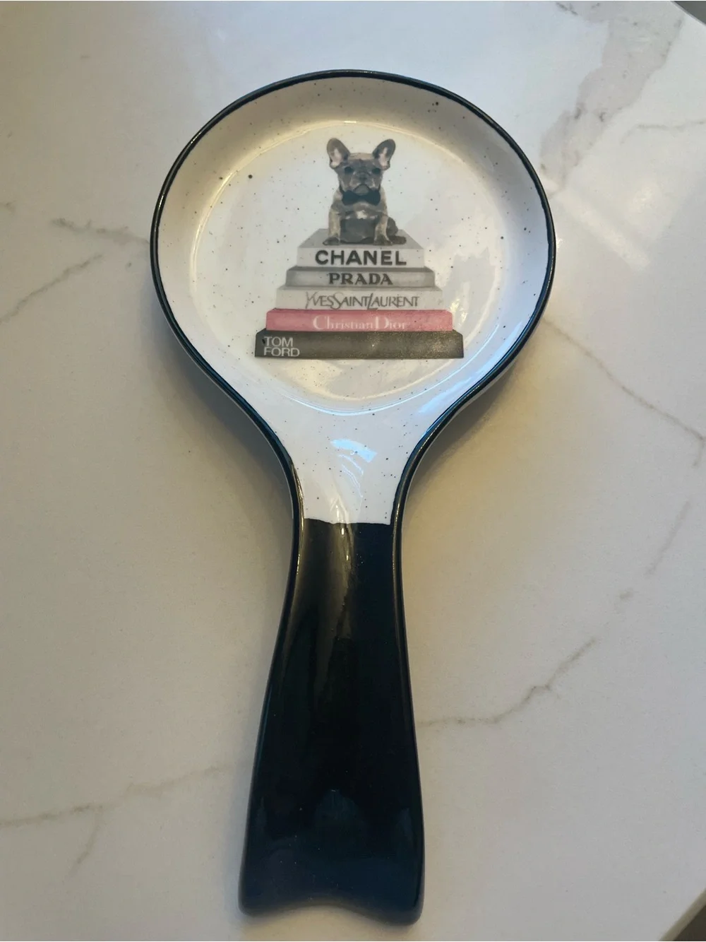 Black and White Ceramic Spoon Rest with Designer Book Motif